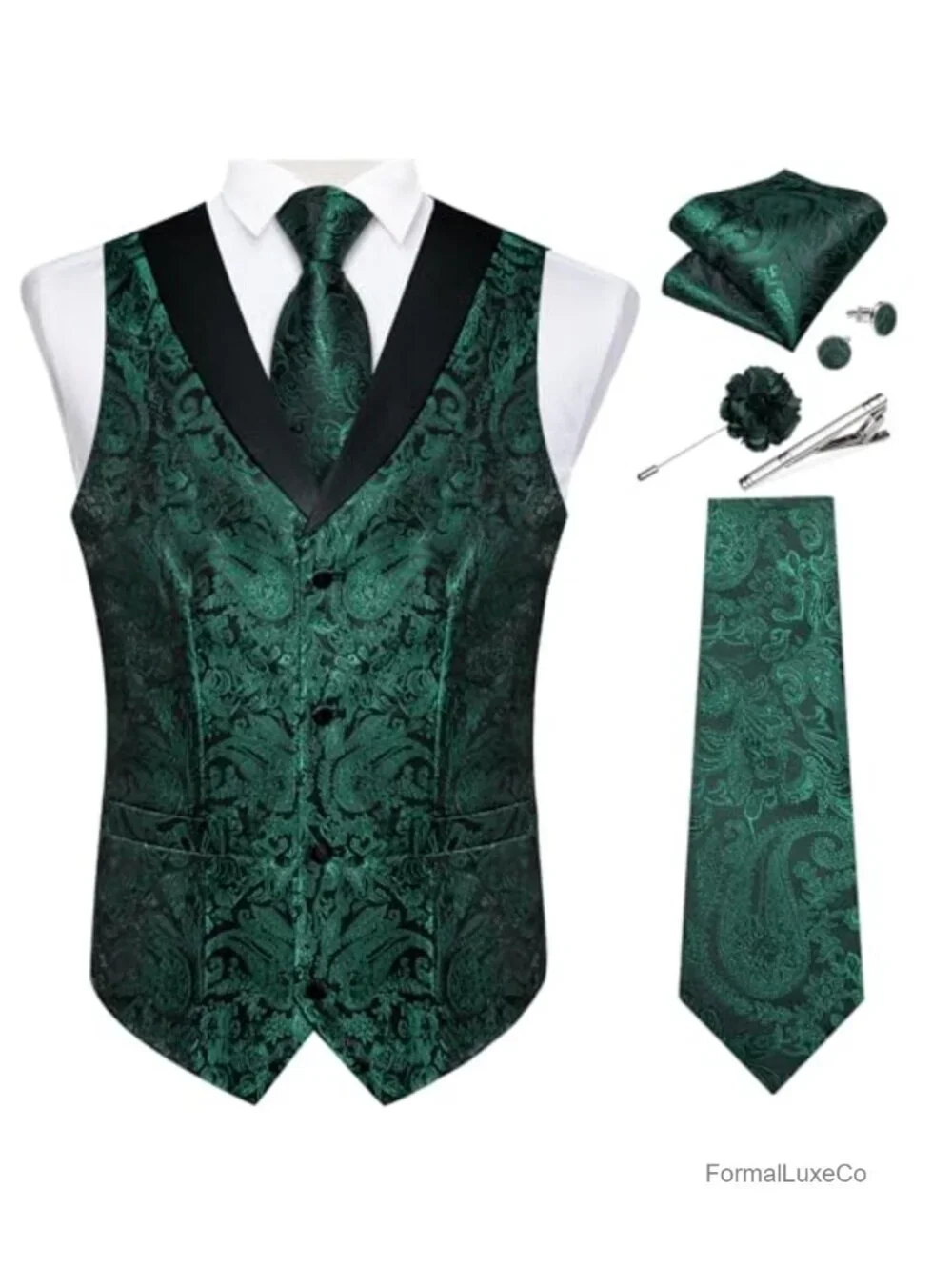 Silk Jacquard Paisley Suit Vest Set for Men Formal Shawl Collar Waistcoat with